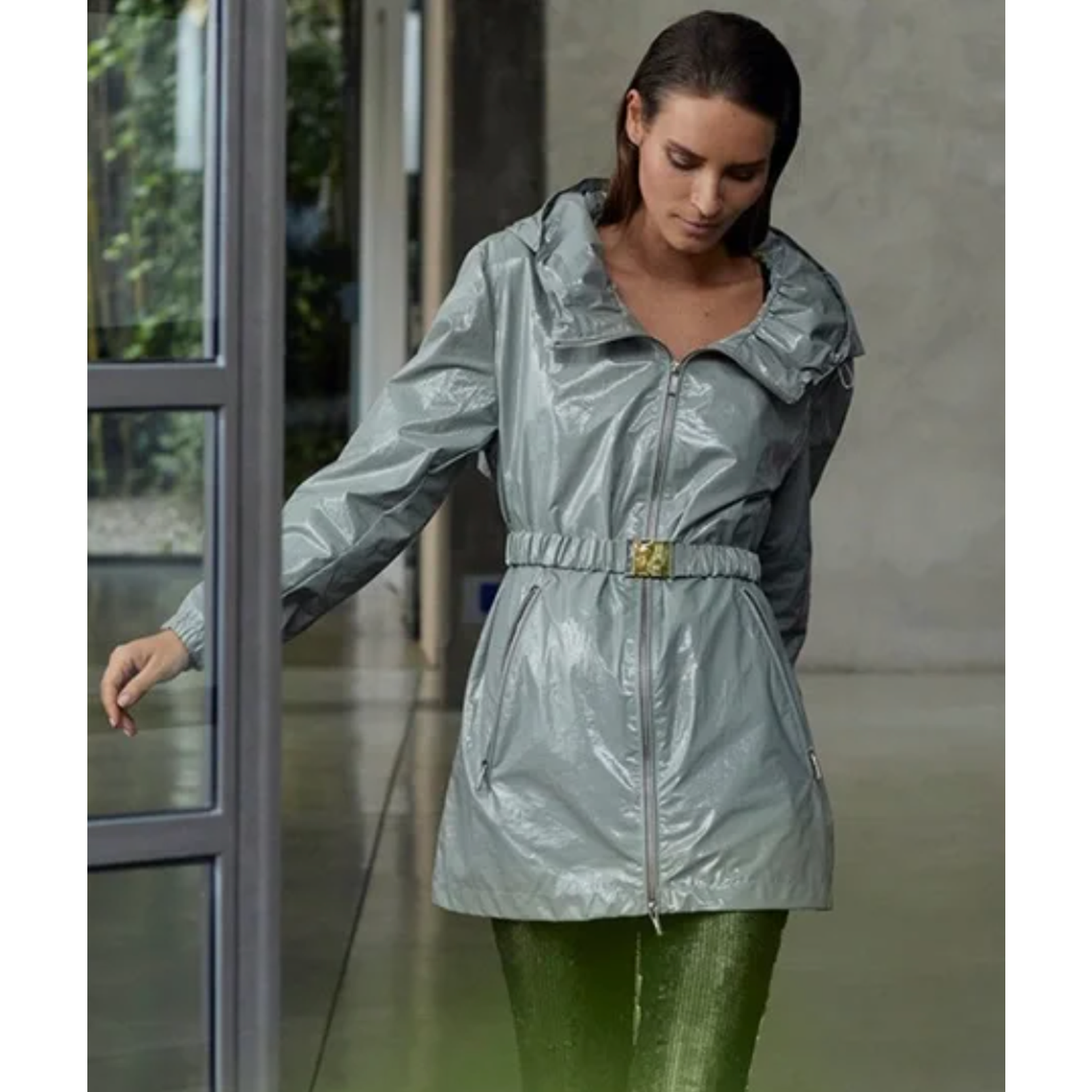 Nwt Jane Post Sage Belted Rain Slicker Anorak Coat Jacket Sz L — image 2 of 8